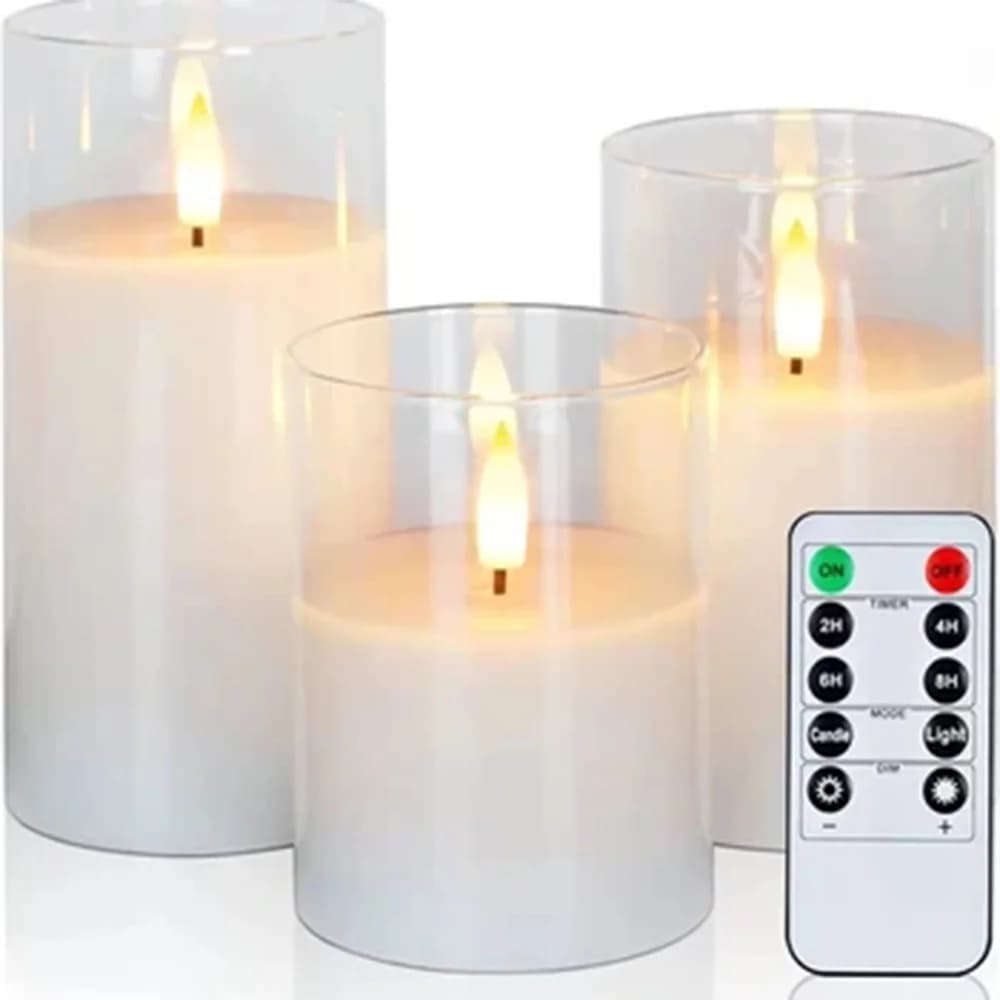 ガラス風 LED キャンドル 3本セット リモコン・タイマー付き
