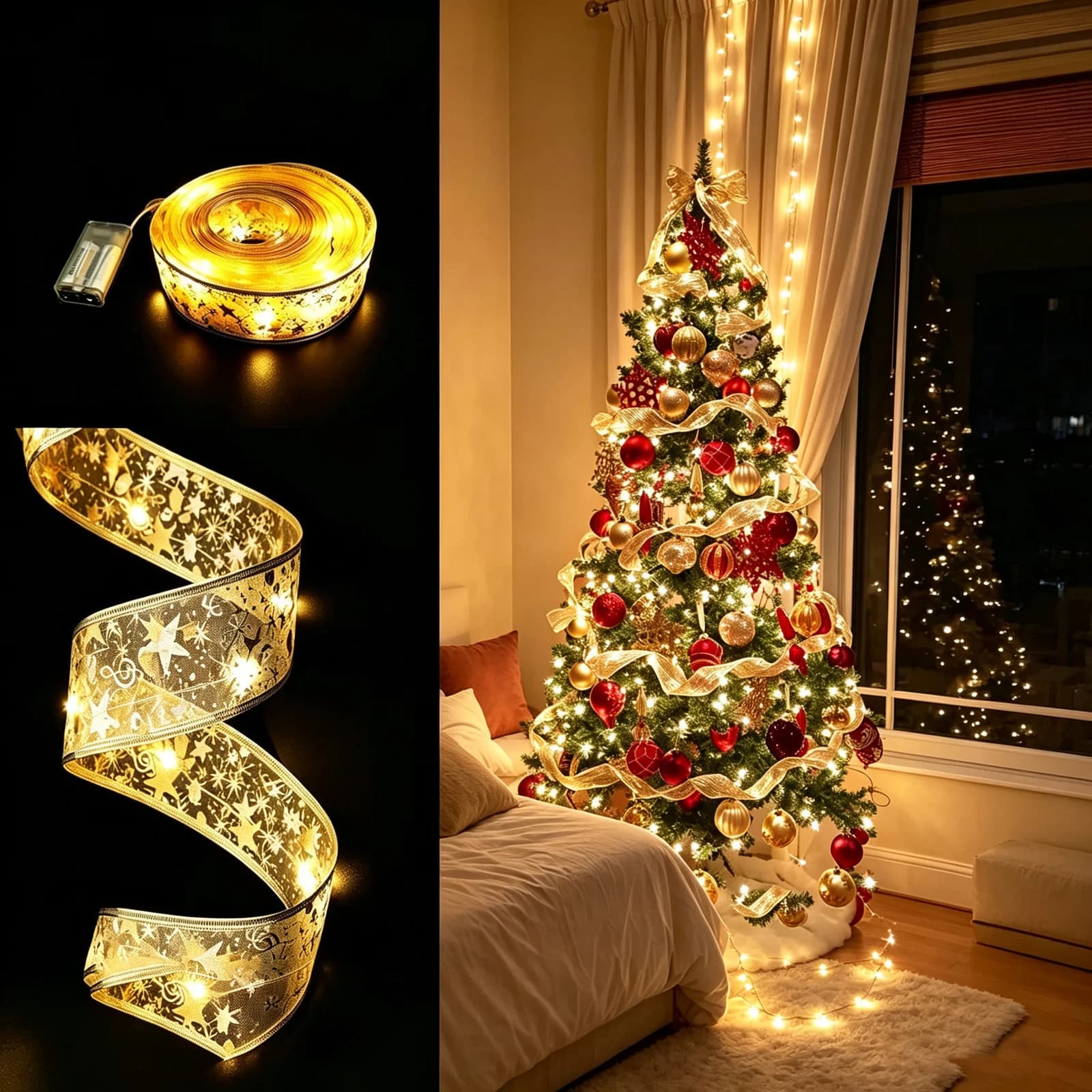 ゴールドサテン二重層 LEDクリスマスリボンライト