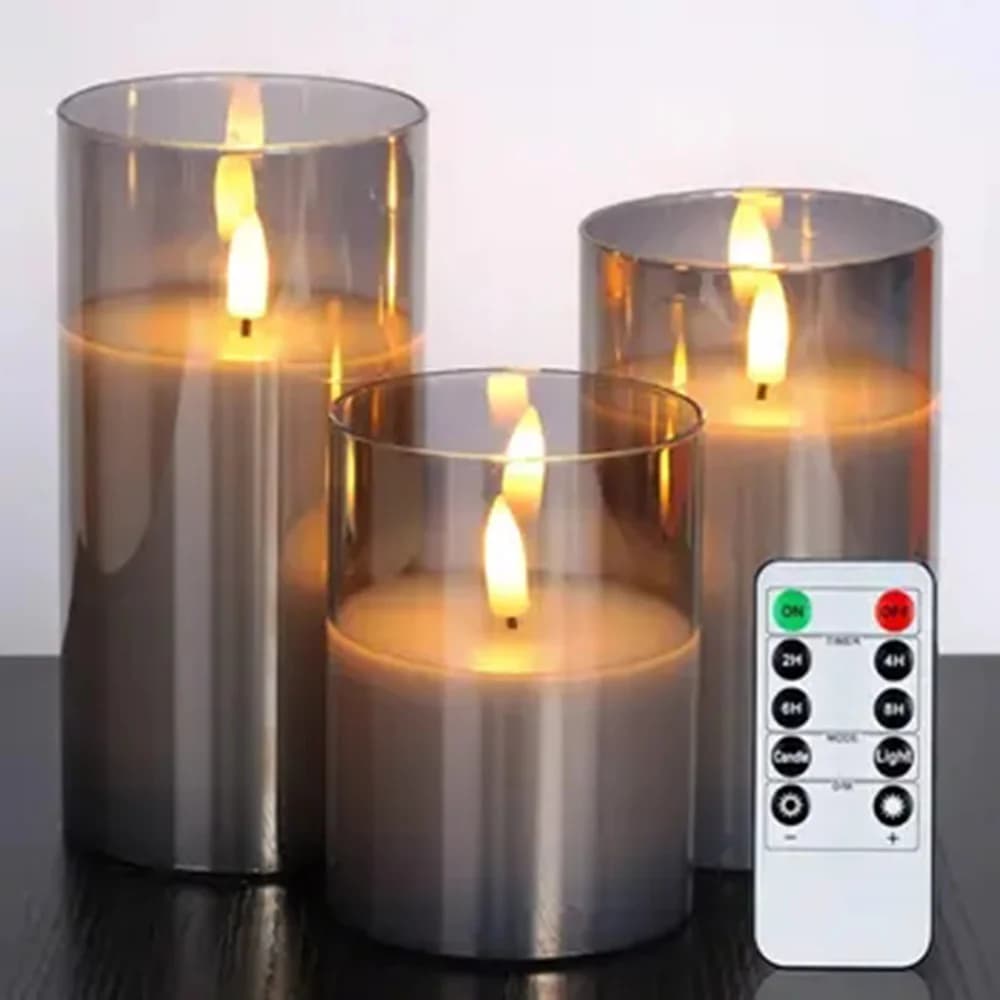 ガラス風 LED キャンドル 3本セット リモコン・タイマー付き